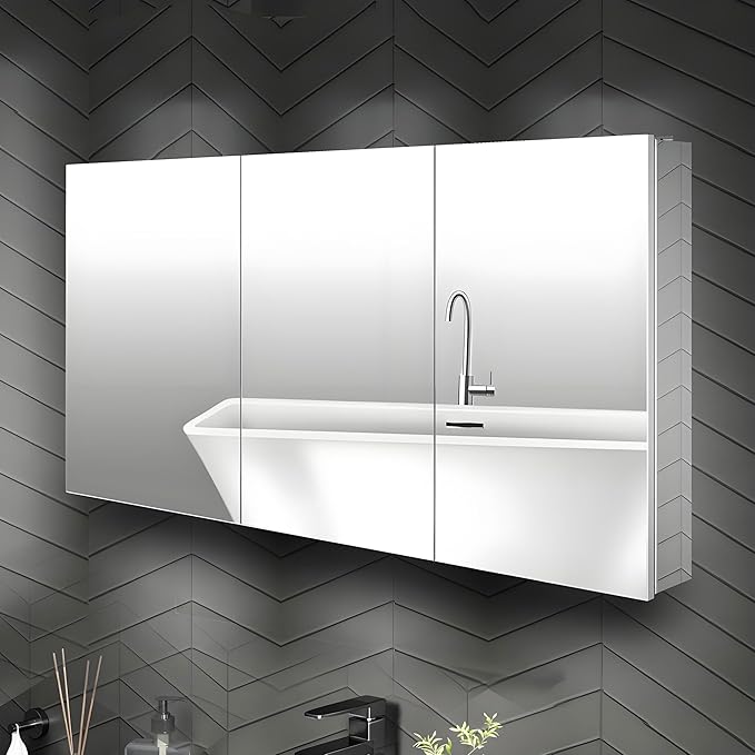 48 x 24 Medicine Cabinet Mirror for Bathroom,Assembly Required,Aluminum Alloy Frame,Surface-Mount Only,Mirrored Side Panel,Adjustable Shelves,Bathroom Medicine Cabinet with Mirror