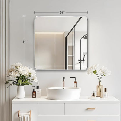 Fabuday Silver Wall Mirror for Bathroom - 24x24 Inch Square Bathroom Mirrors for Over Sink, Small Framed Mirror with Chrome Matte Frame for Restroom, Hallway, Entryway, Living Room, Bedroom Decor