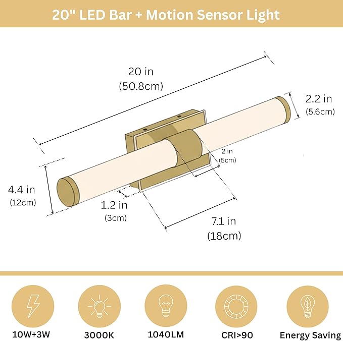 20 Inch LED Vanity Light Bar with Motion Sensor, Dual LED Source | 4 Lighting Modes (incl. Night Light) | 3000K Warm White, Dimmable, CRI 90+, 1040LM, ETL Listed (Matte Black)