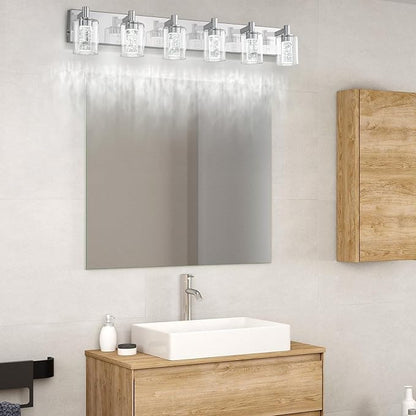 SineRise Vanity Light with 3 Color Modes (3000K/4000K/6000K), Eye Protection LED Bathroom Light Fixture, Dimmable Modern Wall Light Over Mirror with Clear Glass Shade (Chrome, 6-Light)