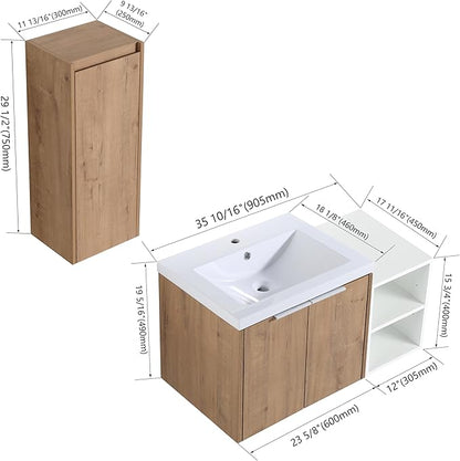 SSLine 36-Inch Single Bathroom Vanity Modern Wall Mounted Bathroom Vanity with Sink 36" Small Floating Bathroom Vanities Set with White Open Storage Shelf & 1 Side Cabinet,Brown White