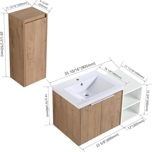 SSLine 36-Inch Single Bathroom Vanity Modern Wall Mounted Bathroom Vanity with Sink 36" Small Floating Bathroom Vanities Set with White Open Storage Shelf & 1 Side Cabinet,Brown White