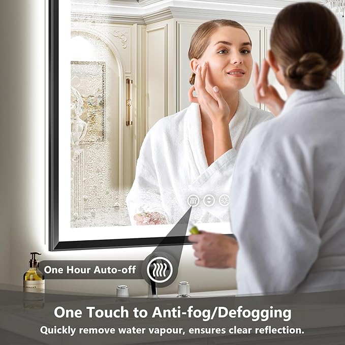 48x32 Black Framed LED Bathroom Mirror with Lights, Backlit and Front Light, Lighted Bathroom Vanity Mirror for Wall Dimmable Anti-Fog Memory Tempered Glass Horizontal/Vertical