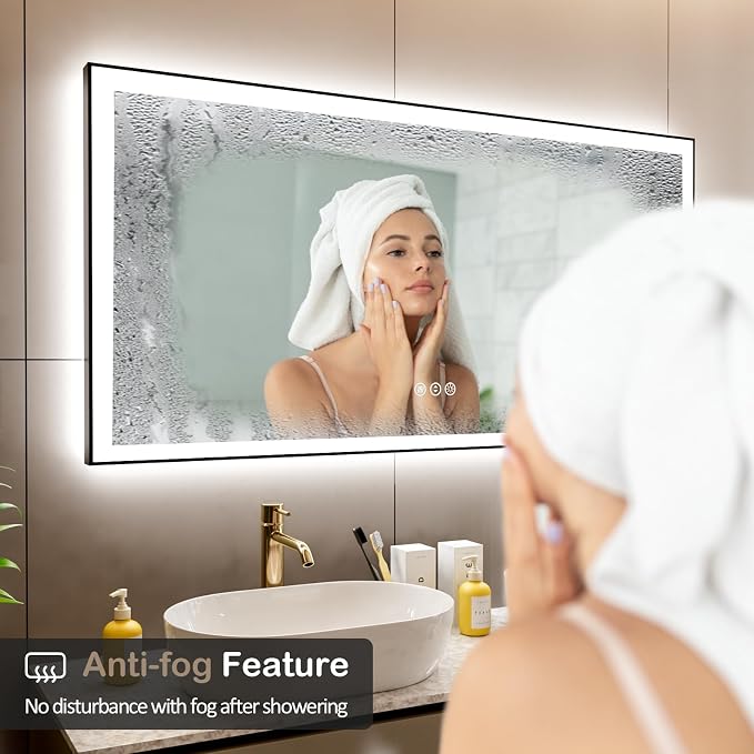 48x36 Inch LED Bathroom Mirror with Black Frame | Black Metal Frame, Front and Backlit, 3 Colors, Dimmable, Memory, Anti Fog, Tempered Glass, Lighted Mirror for Wall
