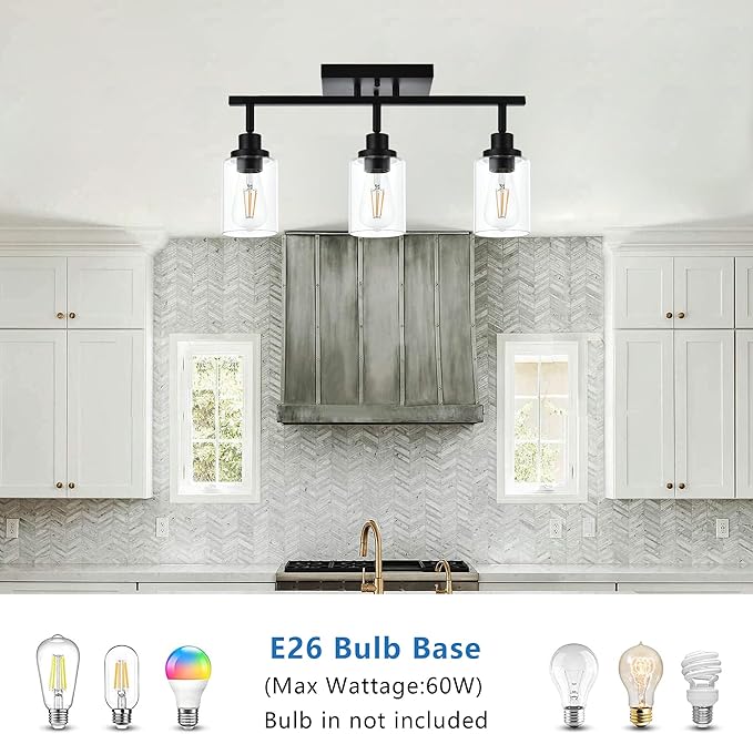 MELUCEE 3 Light Bathroom Vanity Light Black Track Lighting Fixtures Ceiling, Vanity Lighting Fixtures with Rotatable Track Head for Hallway Porch Foyer Bath Storage, Clear Glass Shade