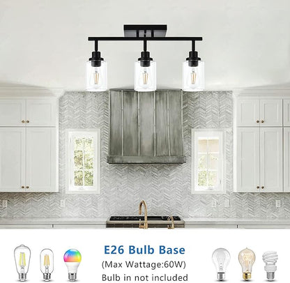 MELUCEE 3 Light Bathroom Vanity Light Black Track Lighting Fixtures Ceiling, Vanity Lighting Fixtures with Rotatable Track Head for Hallway Porch Foyer Bath Storage, Clear Glass Shade