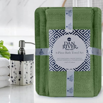 DAN RIVER 8 Piece Luxury Bath Towels for Bathroom, Towel Set, Sage Green | 2 Bath towels, 2 Hand towels, and 4 Wash Cloths, 600 GSM 100% Ring Spun Cotton, Highly Absorbent, Gym, Hotel, guest, and Spa