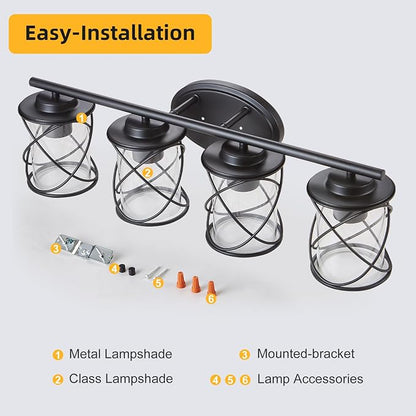 4-Lights Bathroom Vanity Lights, Bathroom Light Fixtures Over Mirror, Matte Black Vanity Light, Farmhouse Wall Lights with Clear Glass Shade, Bathroom Wall Lamp for Mirror Kitchen Bedroom