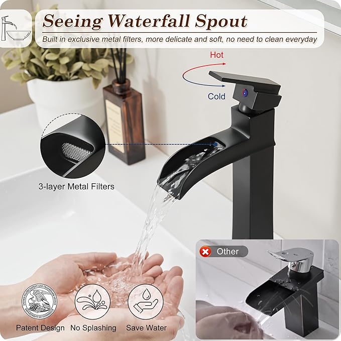 Vessel Sink Faucet Black, 12 Inch Waterfall Tall Bathroom Faucet One Hole with Pop-Up Drain & Pre-Installed Hoses, Single Handle for Bathroom Sink Bowl Deck Mount, Modern, Brass Material