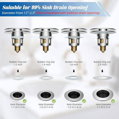 Hibbent 2 Pack All Metal Upgraded Bathroom Sink Stopper, Universal Pop Up Sink Drain Strainer, Brass Bullet Core Push Type Sink Stopper for 1.1''~2.3''' Basin, Anti Clogging Drain Filter, Chrome