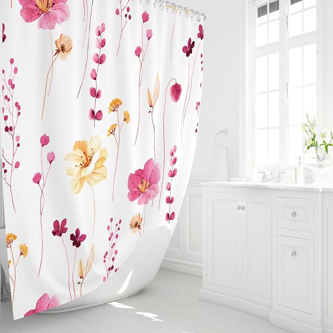 Pink Yellow Beige Watercolor Floral Fabric Shower Curtain, 72x72 | Waterproof Fabric, Modern Minimalist Floral Print, Machine Washable, Rustproof Grommets, for Bathroom Home
