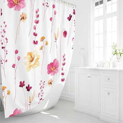 Pink Yellow Beige Watercolor Floral Fabric Shower Curtain, 72x72 | Waterproof Fabric, Modern Minimalist Floral Print, Machine Washable, Rustproof Grommets, for Bathroom Home
