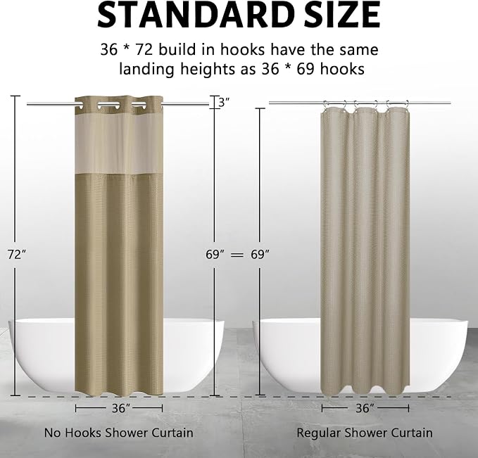 Furlinic Stall Shower Curtain No Hook with Snap in Liner,Waffle Weave Waterproof Bathroom Curtains with See Through Top Window & Weighted Magnets,Beige,36x72 Inch