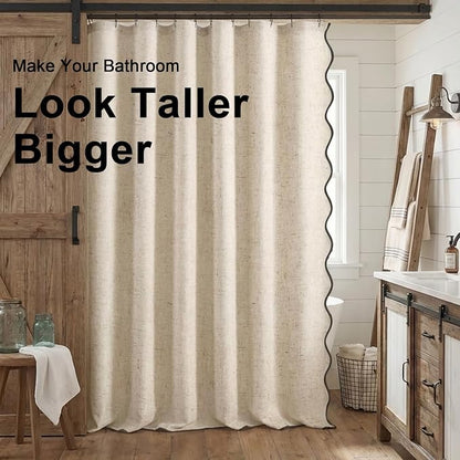 Scalloped Shower Curtain Linen Boho Beige 72" W x 84" L | Linen Fabric, Black Border, Washable, Heavy Duty Cloth, Shower Curtain for Boho Farmhouse Bathroom Bathtub