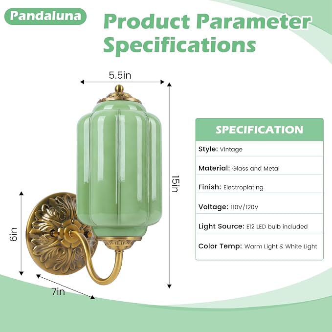 Green Glass Sconce Set of 2 Vintage Vanity Sconces Bulb Included | Green Glass Art Deco Antique Wall Sconce Wall Light for Bedroom Bathroom Living Room Entryway, Antique Gold and White 2 Pack