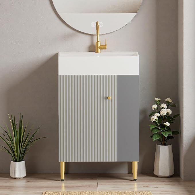 21.6" Freestanding Bathroom Vanity with Ceramic Sink, Matte Gray | Ceramic Sink, Wave-Pattern Door & Two-Layer Right Open Compartment, Bathroom Storage Cabinet, Easy Installation