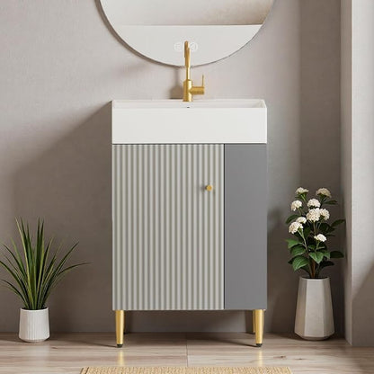 21.6" Freestanding Bathroom Vanity with Ceramic Sink, Matte Gray | Ceramic Sink, Wave-Pattern Door & Two-Layer Right Open Compartment, Bathroom Storage Cabinet, Easy Installation