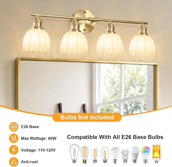 Bathroom Light Fixtures, 4-Light Brushed Gold Vanity Lights for Bathroom with White Tulip Glass Shade, 26" Vintage Bathroom Vanity Lighting Fixtures Over Mirror for Bedroom Living Room Hallway