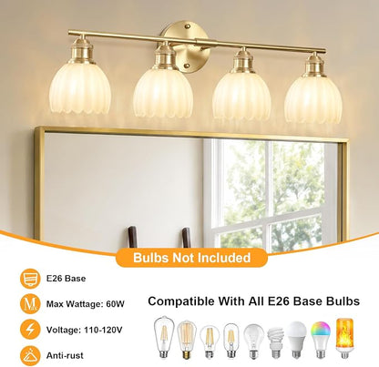 Bathroom Light Fixtures, 4-Light Brushed Gold Vanity Lights for Bathroom with White Tulip Glass Shade, 26" Vintage Bathroom Vanity Lighting Fixtures Over Mirror for Bedroom Living Room Hallway