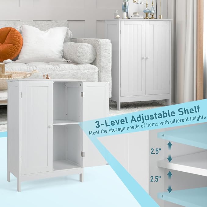Giantex Storage Cabinet with Doors and Shelves - Freestanding Storage Organizer with Anti-Tipping Device, Entryway Storage Unit for Living Room, Home Decor, Bathroom Floor Cabinet (White)