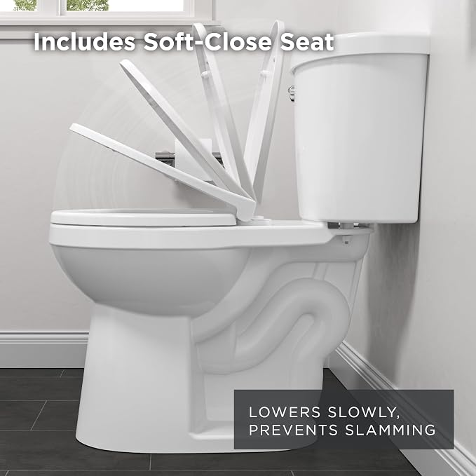 Gerber Maxwell Crest Round Two-Piece Toilet, Soft-Close Seat, White | Efficient flush clears the bowl with ease | Tool-free install kit with wax ring included | Glazed trapway prevents clogs