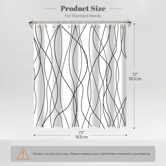 Striped Shower Curtain for Bathroom, White Black, 72" W x 72" L | with Hooks, Modern Hotel Style, Water Repellent, Washable, Weighted Hem