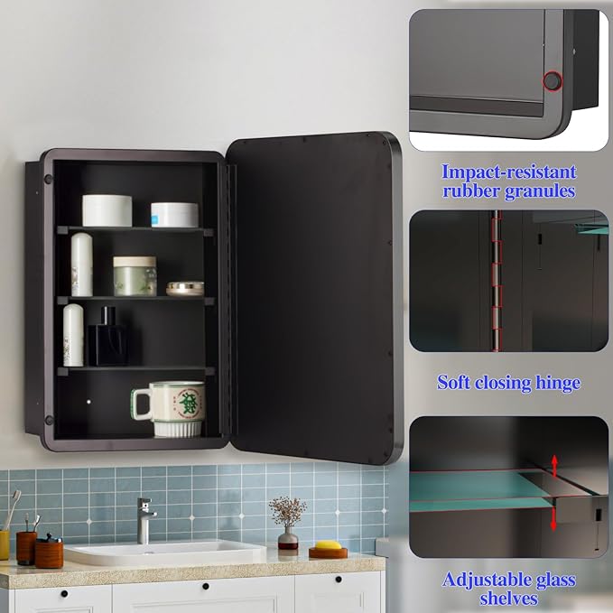 Bathroom Medicine Cabinet with 16"x26" Stainless Steel Framed Mirror,Recessed or Surface Mounted Bathroom Mirror Cabinet,Storage Cabinet for Bathrooms, Guest Rooms, Apartments, Farmhouse Decor