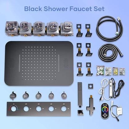 Thermostatic Rain Shower System, Black Multi Shower Head System with Body Jets, 23Inch Ceiling Mounted Full Body Rainfall Waterfall Shower System with Handheld, Tub Spout, LED Light and Music