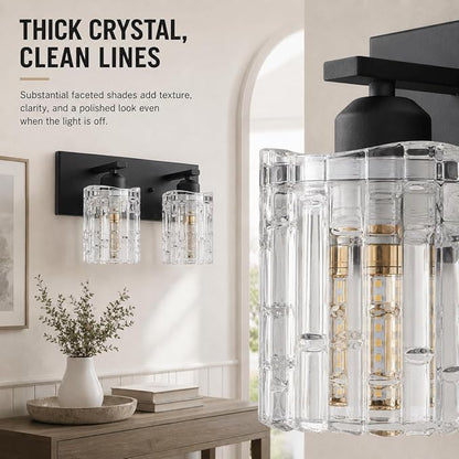 Matte Black Crystal Bathroom Vanity Light,2 Lights Modern Bathroom Wall Light,Over Mirror Light Fixtures for Living Room, Bedroom, Hallway