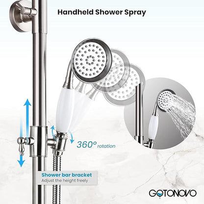 gotonovo Bathroom Exposed Shower Faucet Outdoor Shower System 8 Inch Rainfall Shower Head Set with Tub Spout and Handheld Spray Double Cross Handles Wall Mount without Shower Shelf Brushed Nickel