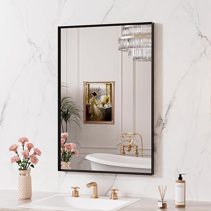 LOAAO Black Bathroom Mirror 32"X36" for Wall, Rectangle Bathroom Vanity Mirror, Tempered Glass, Hangs Vertically or Horizontally, Easy to Install, Modern Design