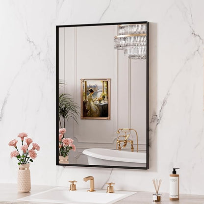 LOAAO Black Bathroom Mirror 32"X36" for Wall, Rectangle Bathroom Vanity Mirror, Tempered Glass, Hangs Vertically or Horizontally, Easy to Install, Modern Design
