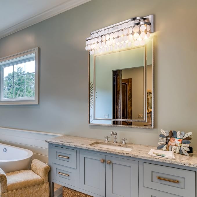 TOCHIC Bathroom Vanity Light with Natural Capiz Shell Shade, Brushed Nickel Coastal 3 Lights Vanity Light, Modern Wall Mount Lighting Fixture for Mirror Cabinets, Powder Room, Bedroom Living Room 23”W