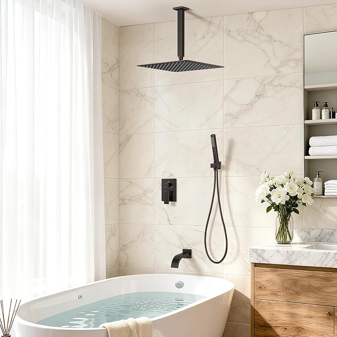 Oil Rubbed Bronze Shower System with Tub Spout, Ceiling Mounted Bathtub Shower Faucet Set, 12" Rainfall Shower Head and Handheld Shower Combo, High Pressure Shower Fixtures Set with Rough-in Valve