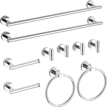 Chrome Bathroom Hardware Set 10 Piece with Towel Racks for Bathroom, SUS304 Stainless Steel Bath Towel Bar Set, 24 Inch Wall Mounted Accessories Kit