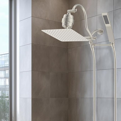 Hibbent All Metal 10'' Filtered Rainfall Shower Head Combo, High Pressure Handheld Shower Wand, 12'' Adjustable Extension Arm, 20 Stage Shower Filter, 71'' Hose, Shower Head Holders, Brushed Nickel