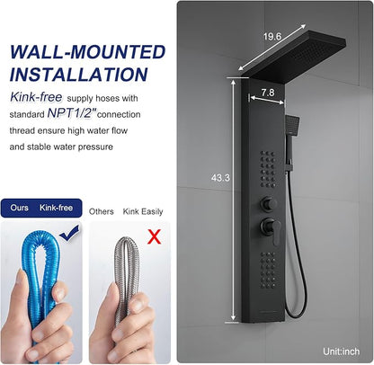 ROVATE Shower Panel Tower System with Rainfall Shower Head, Matte Black | Shower Tower with Powerful Body Jets, Handheld Shower and Tub Spout, Stainless Steel Shower Column Black High Pressure