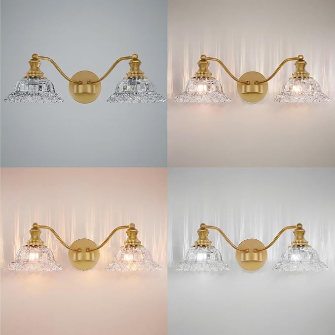 2 Lights Bathroom Vanity Light Fixtures, Vintage Brass Vanity Lights for Bathroom, Farmhouse Antique Light Fixtures Over Mirror with Crystal Glass Shade