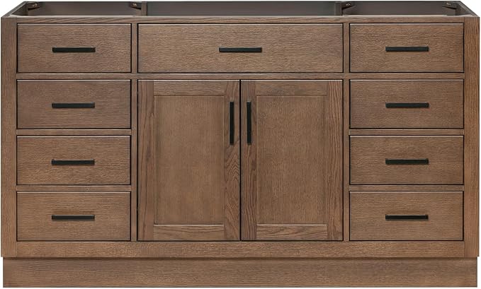 ARIEL Hepburn 60-inch Bathroom Vanity Base Cabinet,Solid Wood, 2 Soft Closing Doors, 9 Dovetail Drawers, Brown Oak