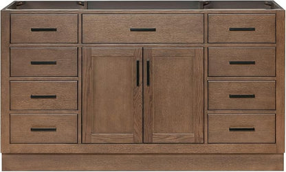 ARIEL Hepburn 60-inch Bathroom Vanity Base Cabinet,Solid Wood, 2 Soft Closing Doors, 9 Dovetail Drawers, Brown Oak