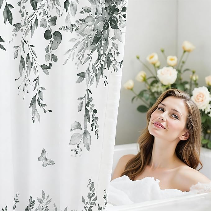 120GSM Grey Eucalyptus Shower Curtain, Waterproof Plant Leaves with Floral Bathroom Shower Curtain Set, Gray White, 72x72