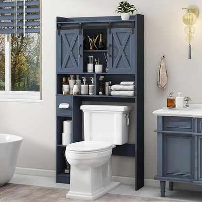 Vabches Over The Toilet Storage Cabinet with Sliding Doors, Blue | Farmhouse Storage Cabinet Over Toilet, Home Space-Saving Toilet Rack, Toilet Paper Holder Stand,for Restroom,Bathroom,Laundry