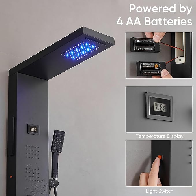 Shower Panel Tower System 5 in 1 Stainless Steel Rainfall Shower Panels with 5-Functions, 4 Enlarged Body Massage Jets, Handheld Head, Wall Mounted Matte Black