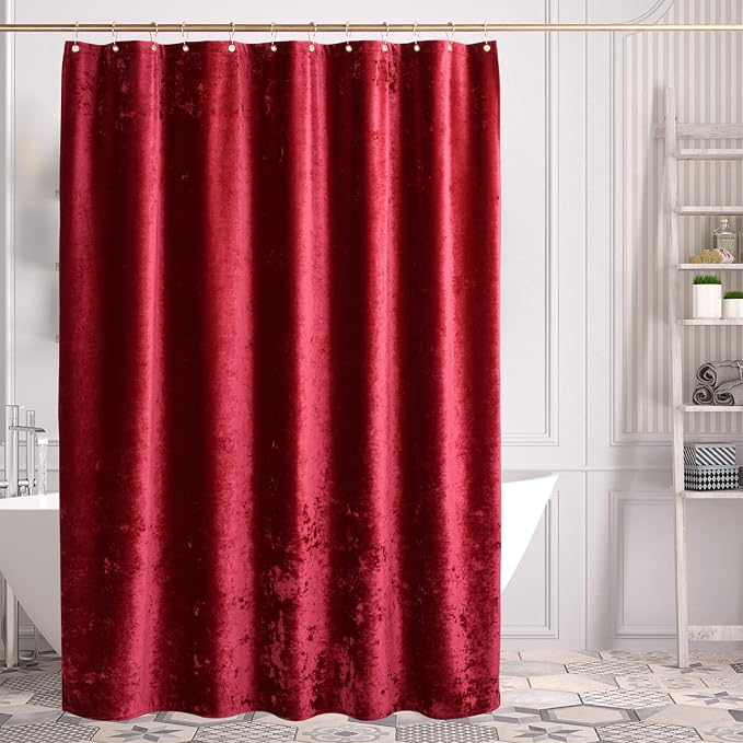 TAMGHO Crushed Velvet Shower Curtain, Marron Red, 72 x 72 | Luxury Crushed Velvet, Gold Decor Metal Hooks, Machine Washable, Thick Fabric