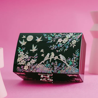 Mother of Pearl Small Jewelry Ring Box - Gifts for best friends women, Thank you gifts, mom birthday gifts, Friendship Women Gifts Trinkets Keepsake Treasure box (Black-Birds)