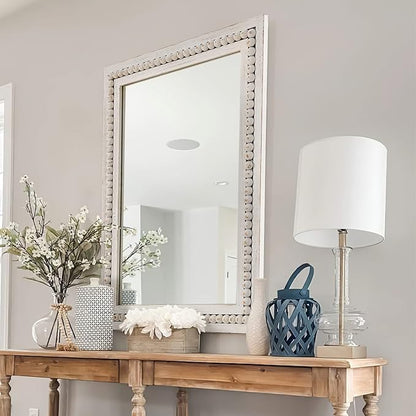 H HOMEWINS Rustic Wooden Mirror, 24x36 Inch Farmhouse Boho Bathroom Rectangle Nursery White Beads Decor Wall-Mounted Mirror for Bedroom, Living Room,Vanity,Entryway,Over Sink