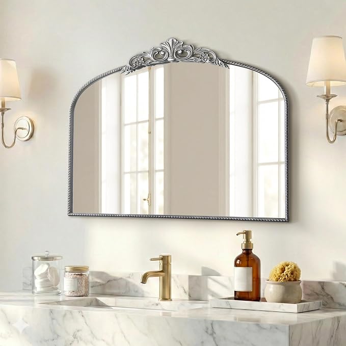 Micasso Vintage Silver Arched Mirror: 36"x29" Baroque Antique Wall Mirror | Traditional Ornate French Decorative Wall Mirror for Bedroom/Bathroom/Entryway/Hallway/Dresser/Vanity/Mantel/Nightstand