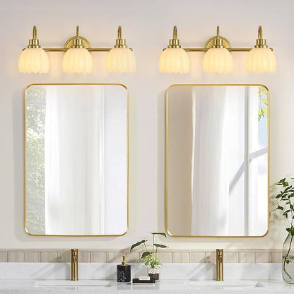 Bathroom Light Fixtures (3-Light, 20 Inch), Brushed Gold Vanity Lights for Bathroom with Ribbed Milk Tulip Glass Shade, Vintage Vanity Wall Lights for Mirror Bedroom Living Room Hallway