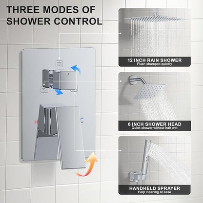 Rain Shower System 12" & 6" Dual Shower Heads Ceiling Shower Faucet Set | Ideal for bathroom remodels and upgrades with 12" rain shower, 6" angled shower, handheld spray and complete valve kit.