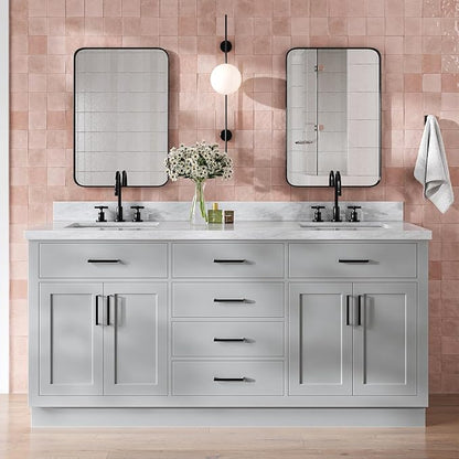 DKB Isabella 72 Inch Bathroom Vanity Double Sink — Grey Bathroom Vanity with Sink, 1.5" Edge Italian Carrara Marble Countertop & Backsplash, 4 Soft-Close Doors, 4 Dovetail Drawers, and 2 Tilt Drawers